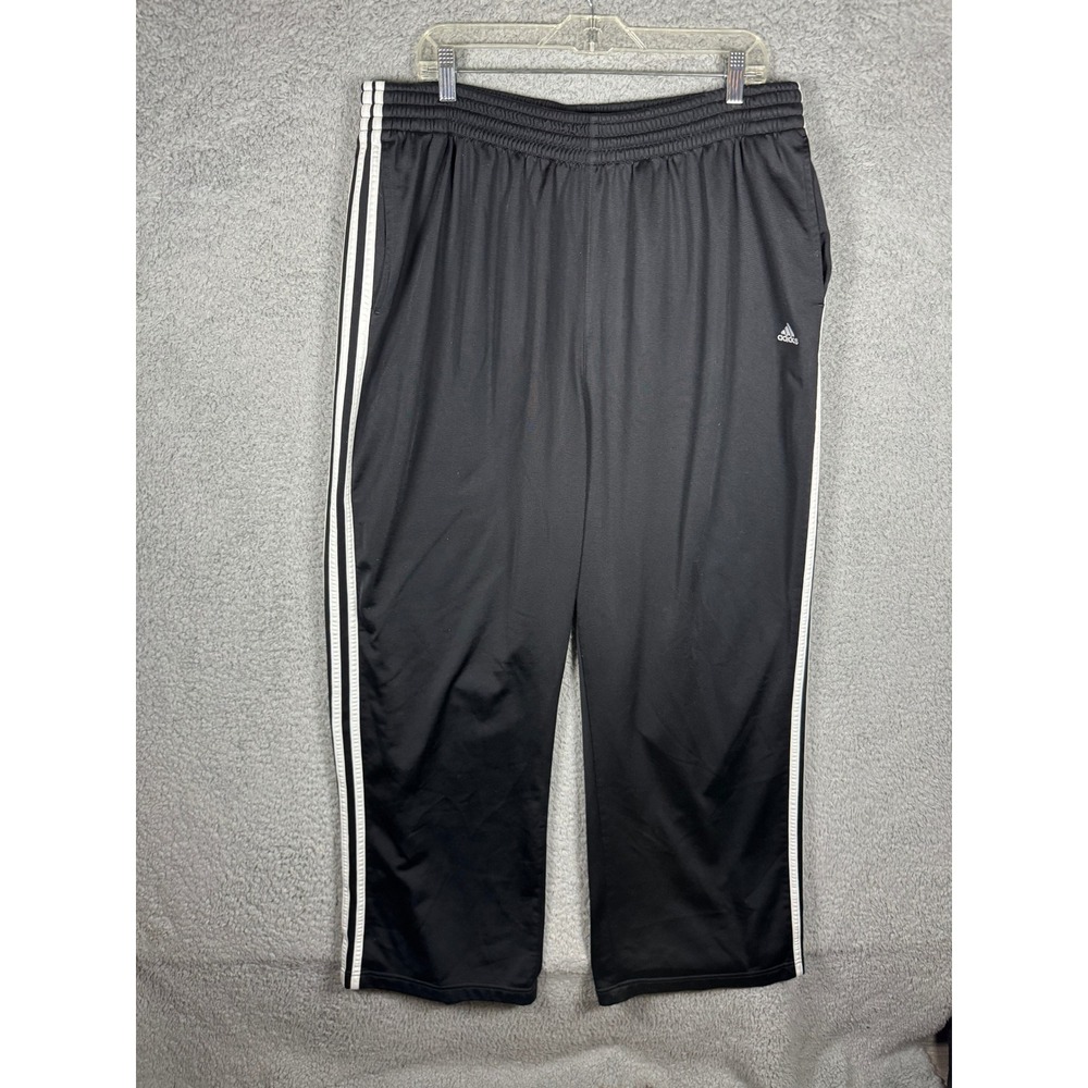 Y2K Adidas Mens 2XL Black White Three Stripe Track Pants Elastic Waist Vintage